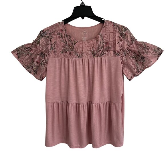 St. John's Bay Tops - St. Johns Bay Womens Pink Lace Floral Yoke Flutter Sleeve Tunic XL Cottagecore